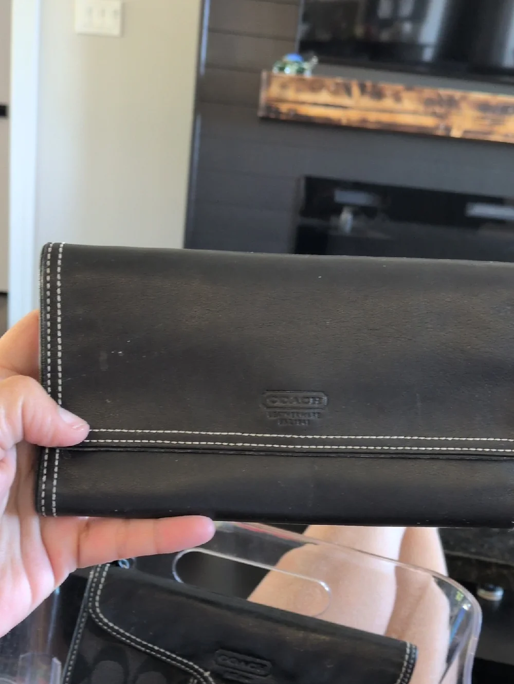 Coach Vintage Black Leather Continental Wallet with White Stitching